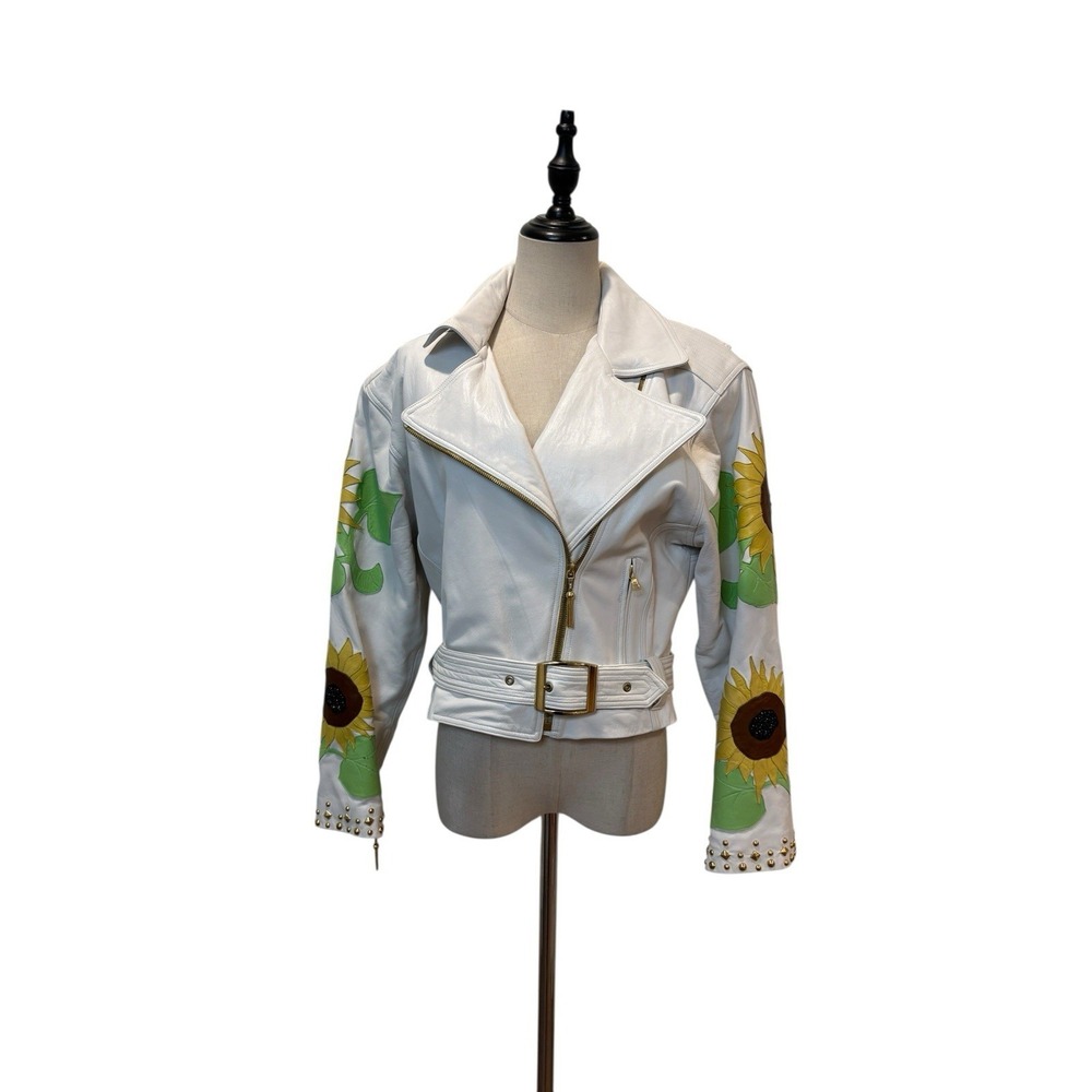 Vtg John Michael Leather Cropped Moto Jacket Emblished Sunflower Studded Biker